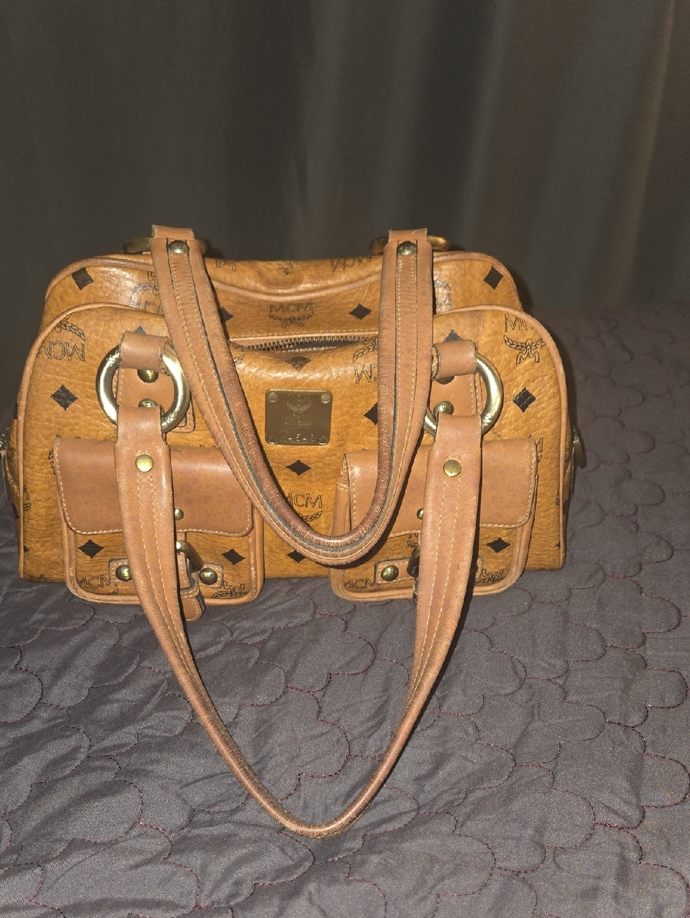 Vintage MCM Cognac Visetos Dual Pocket Boston Satchel Bag